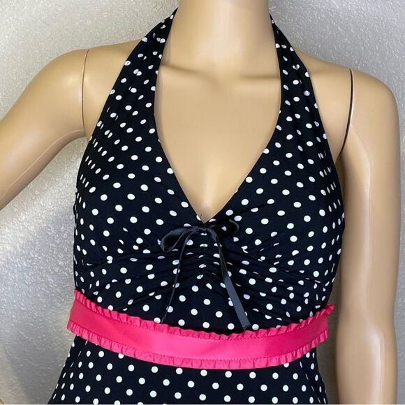Rampage Halter Polkadot Dress Black and White With Pink Sewn On Sash And Hem Med - Picture 2 of 11